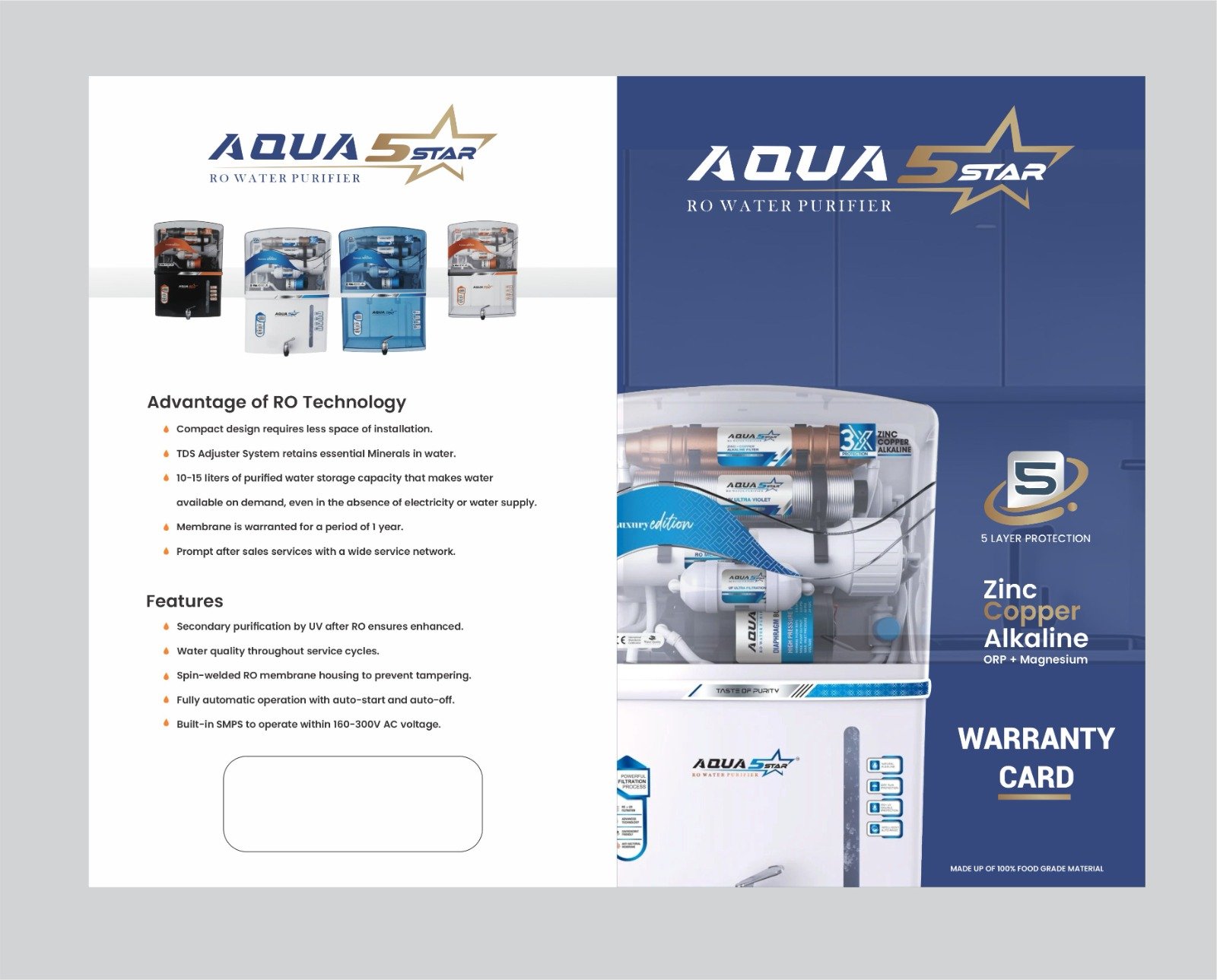 Aqua 5 Star RO Purifier Warranty Brochure