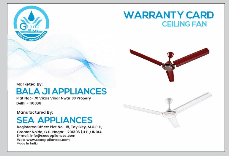 Grand Plus Ceiling Fan Warranty Card